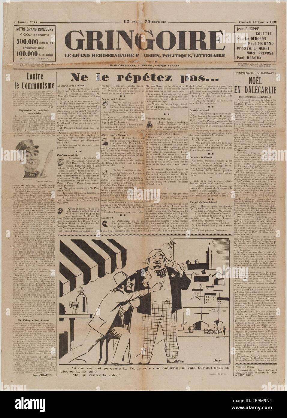 Newspaper 'Gringoire' of January 18, 1929 Journal 'Gringoire' du 18 janvier 1929. Papier imprimé, 1929. Musée du Général Leclerc de Hauteclocque et de la Libération de Paris, musée Jean Moulin. Stock Photo