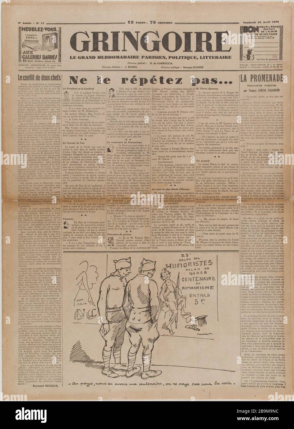 Newspaper 'Gringoire' of April 25, 1930 Journal 'Gringoire' du 25 avril 1930. Papier imprimé, 1930. Musée du Général Leclerc de Hauteclocque et de la Libération de Paris, musée Jean Moulin. Stock Photo