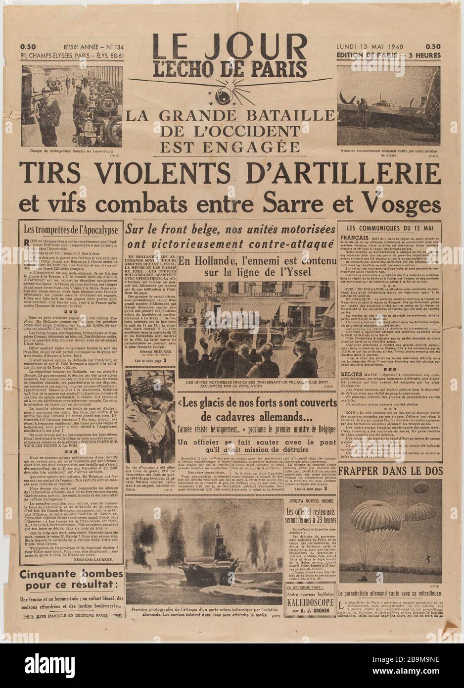 Newspaper 'Day. L'Echo de Paris' of May 13, 1940 Journal 'Le Jour. L'Echo de Paris' du 13 mai 1940. Papier imprimé, 1940. Musée du Général Leclerc de Hauteclocque et de la Libération de Paris, musée Jean Moulin. Stock Photo