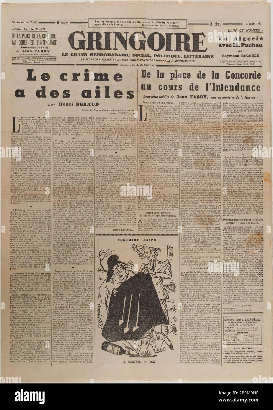 Newspaper 'Gringoire' of March 13, 1942 Journal 'Gringoire' du 13 mars 1942. Papier imprimé, 1942. Musée du Général Leclerc de Hauteclocque et de la Libération de Paris, musée Jean Moulin. Stock Photo