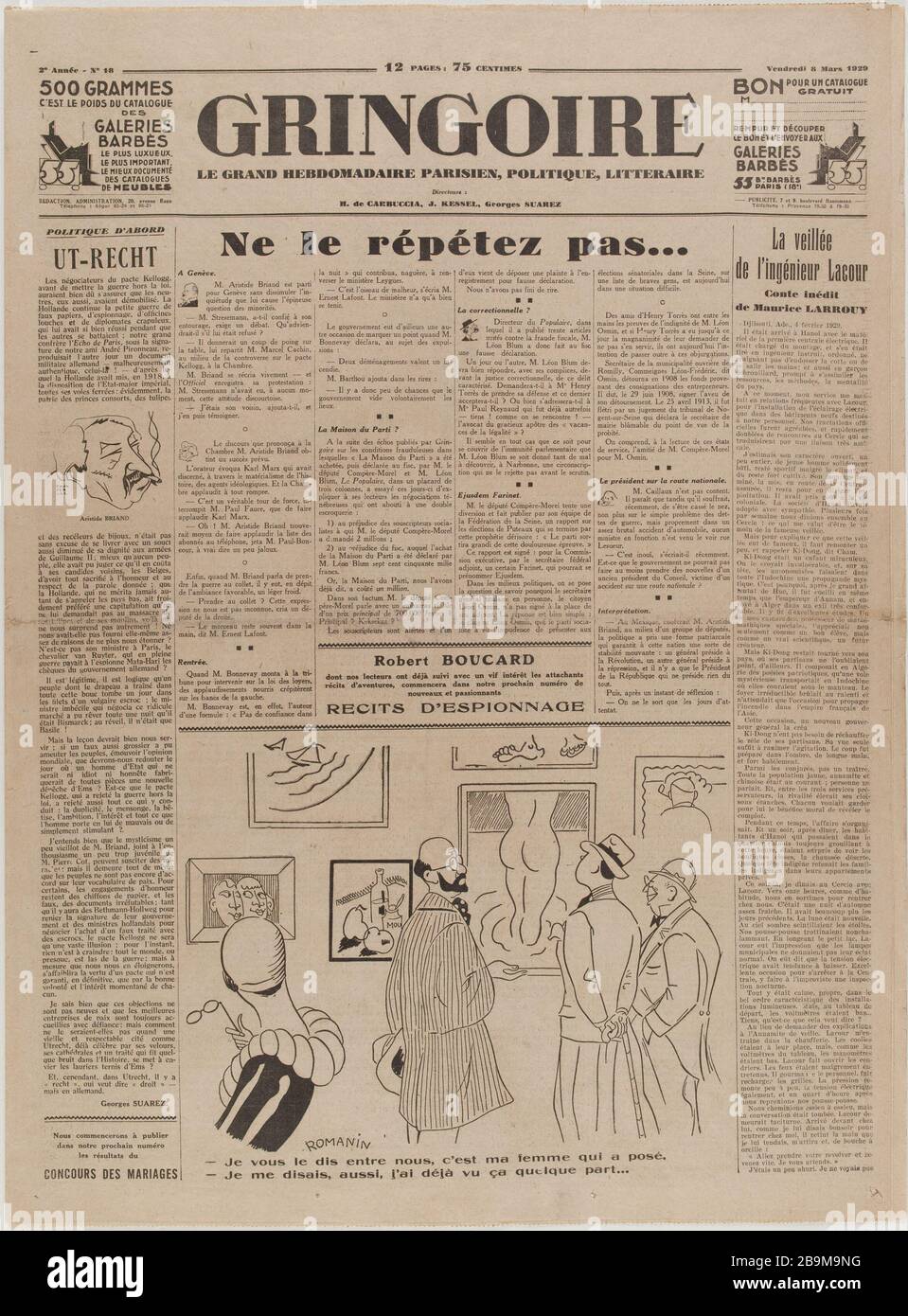 Newspaper 'Gringoire' of March 8, 1929 Journal 'Gringoire' du 8 mars 1929. Papier imprimé, 1929. Musée du Général Leclerc de Hauteclocque et de la Libération de Paris, musée Jean Moulin. Stock Photo