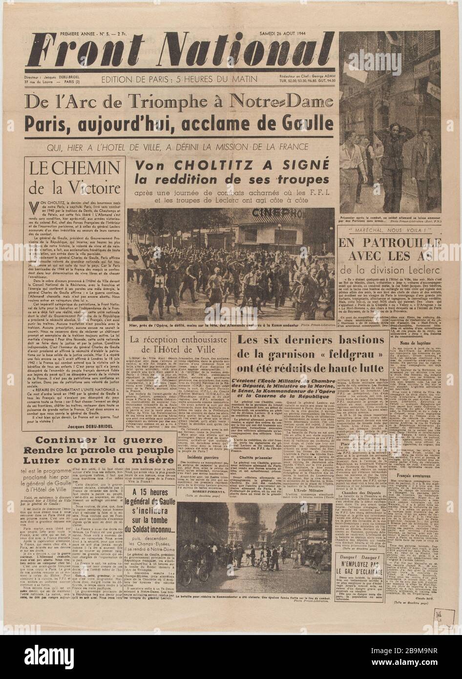 Journal 'National Front' of August 26, 1944 Journal 'Front National' du 26 août 1944. Papier imprimé, 1944. Musée du Général Leclerc de Hauteclocque et de la Libération de Paris, musée Jean Moulin. Stock Photo