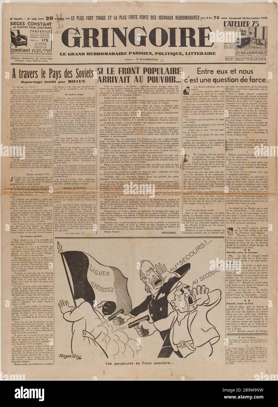 Newspaper 'Gringoire' of November 22, 1935 Journal 'Gringoire' du 22 novembre 1935. Papier imprimé, 1935. Musée du Général Leclerc de Hauteclocque et de la Libération de Paris, musée Jean Moulin. Stock Photo