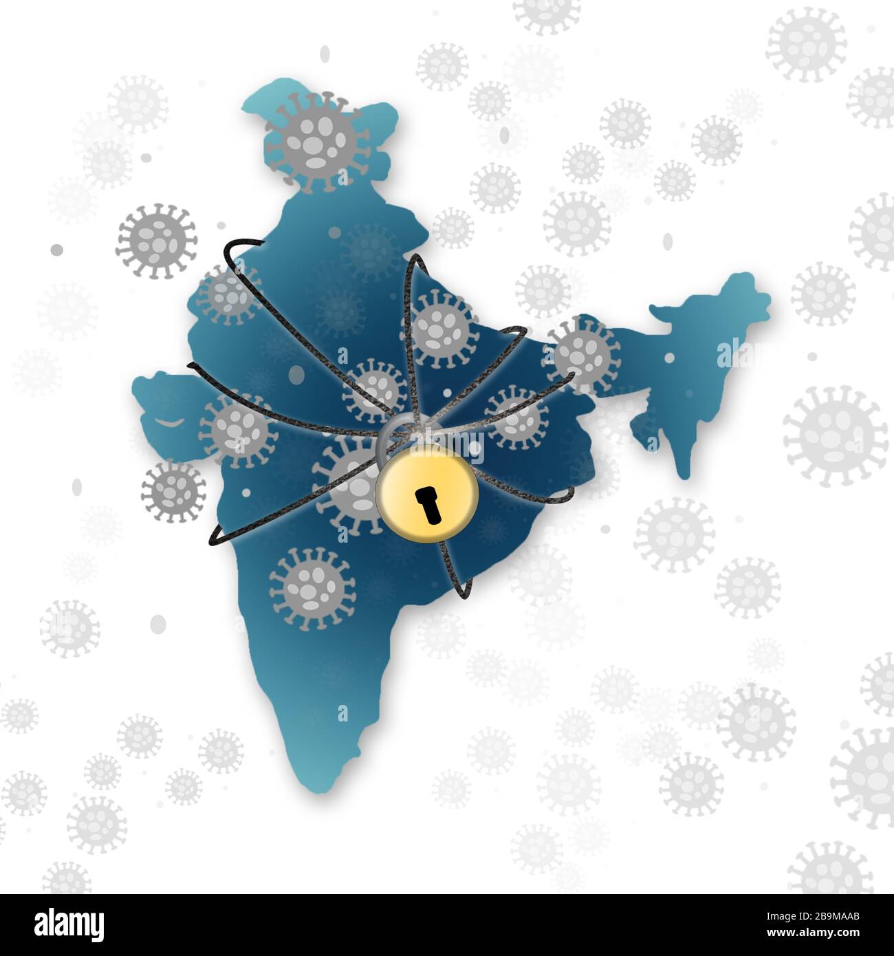 India lockdown due to Covid 19 or coronavirus outbreak shoing with virus and Indian Map as background. Stock Photo