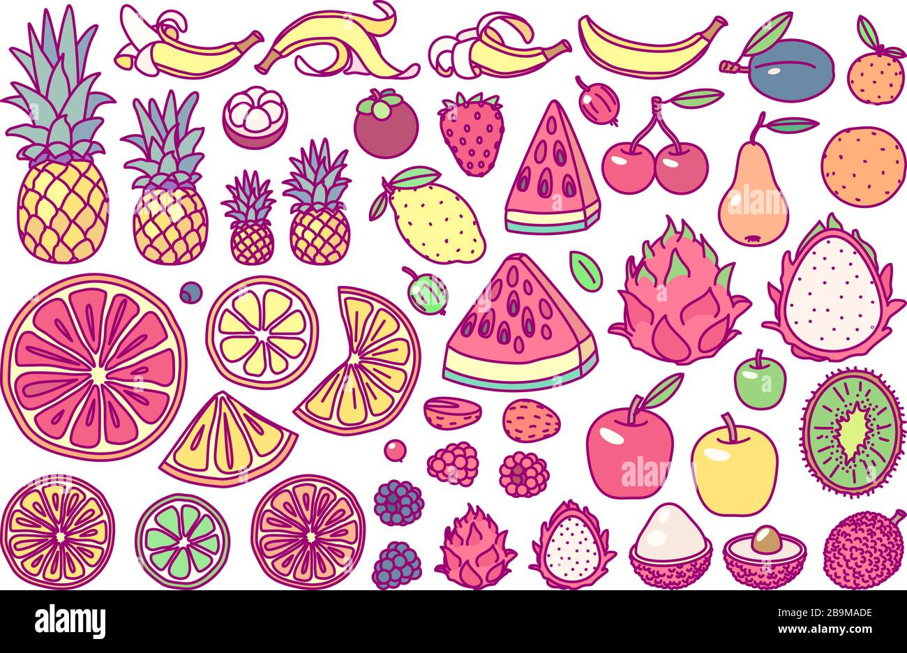 vector big exotic fruit set. cute drawn plant art Stock Vector