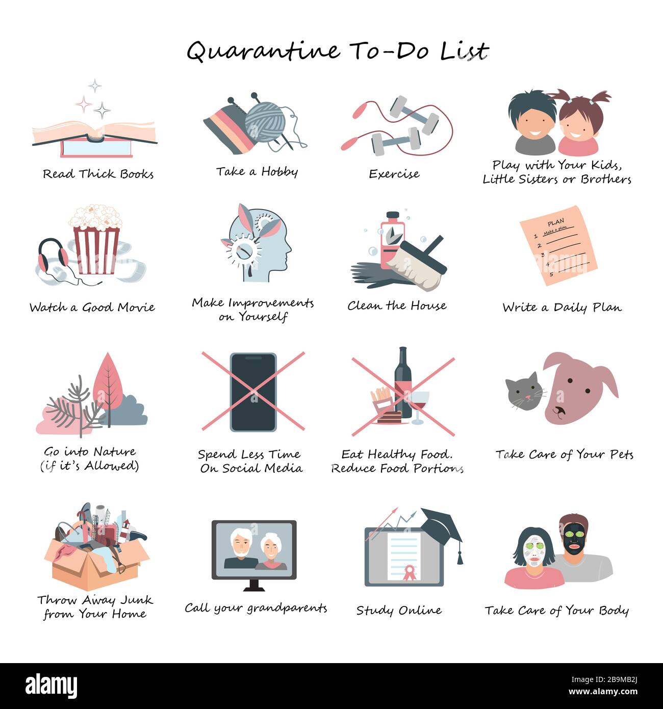 List of Daily Activities for Covid or coronavirus quarantine. Stay at Home concept, daily routine while Self Isolation. Vector infographic isolated on Stock Vector