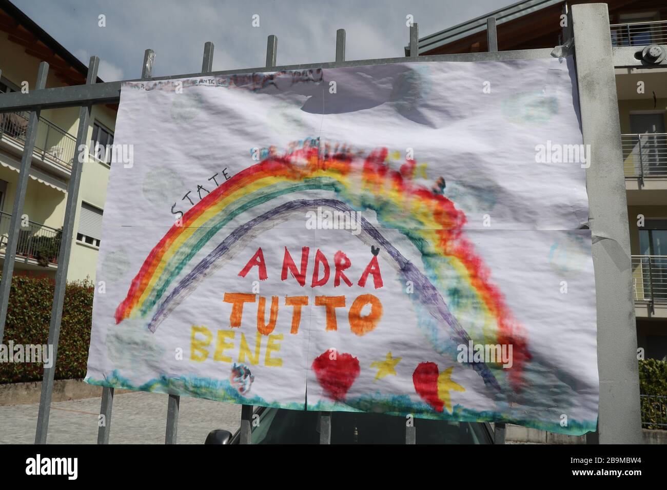 Pergine Valsugana, Italy. 24th Mar 2020. Most part of Europe is today on a sweeping confinement to try to slow down the spread of the Covid-19 Pandemic. A drawing with a rainbow and an hope message 'Everything Will Be Fine" (Photo by Pierre Teyssot/ESPA-Images) Credit: European Sports Photographic Agency/Alamy Live News Stock Photo