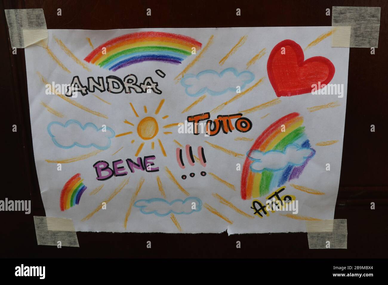 Pergine Valsugana, Italy. 24th Mar 2020. Most part of Europe is today on a sweeping confinement to try to slow down the spread of the Covid-19 Pandemic. A drawing with a rainbow and an hope message 'Everything Will Be Fine' 'Andra tutto Bene' in Italian. (Photo by Pierre Teyssot/ESPA-Images) Credit: European Sports Photographic Agency/Alamy Live News Stock Photo