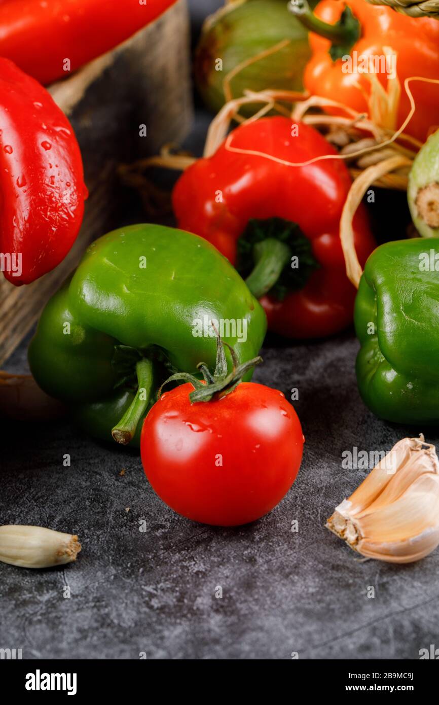 Chili peppers with tomatoes and garlics Stock Photo Alamy