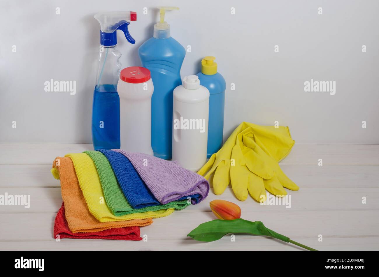 Home cleaning products with colorful napkins on a white background. Spring cleaning, the prevention of viral diseases. Cleaning in the house, in the a Stock Photo