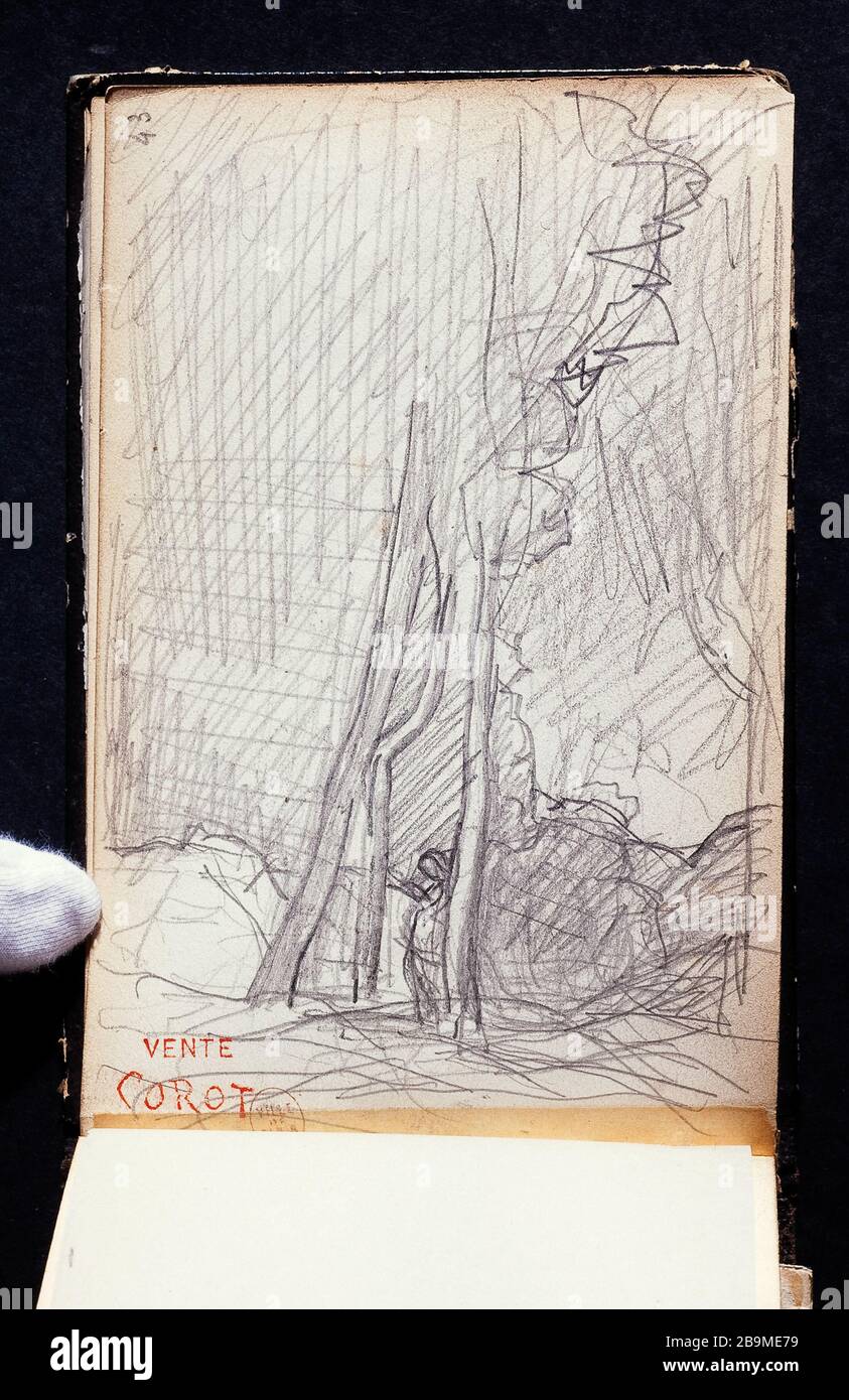 BOOK SKETCH DRAWING COROT: LANDSCAPE WITH CHARACTER AND STAMP RED SALE COROT (PAGE 47) Jean-Baptiste Camille Corot (1796-1875). Carnet de croquis de dessins de Corot : paysage avec un personnage et cachet rouge vente Corot (page 47). Crayon. Paris, musée Carnavalet. Stock Photo