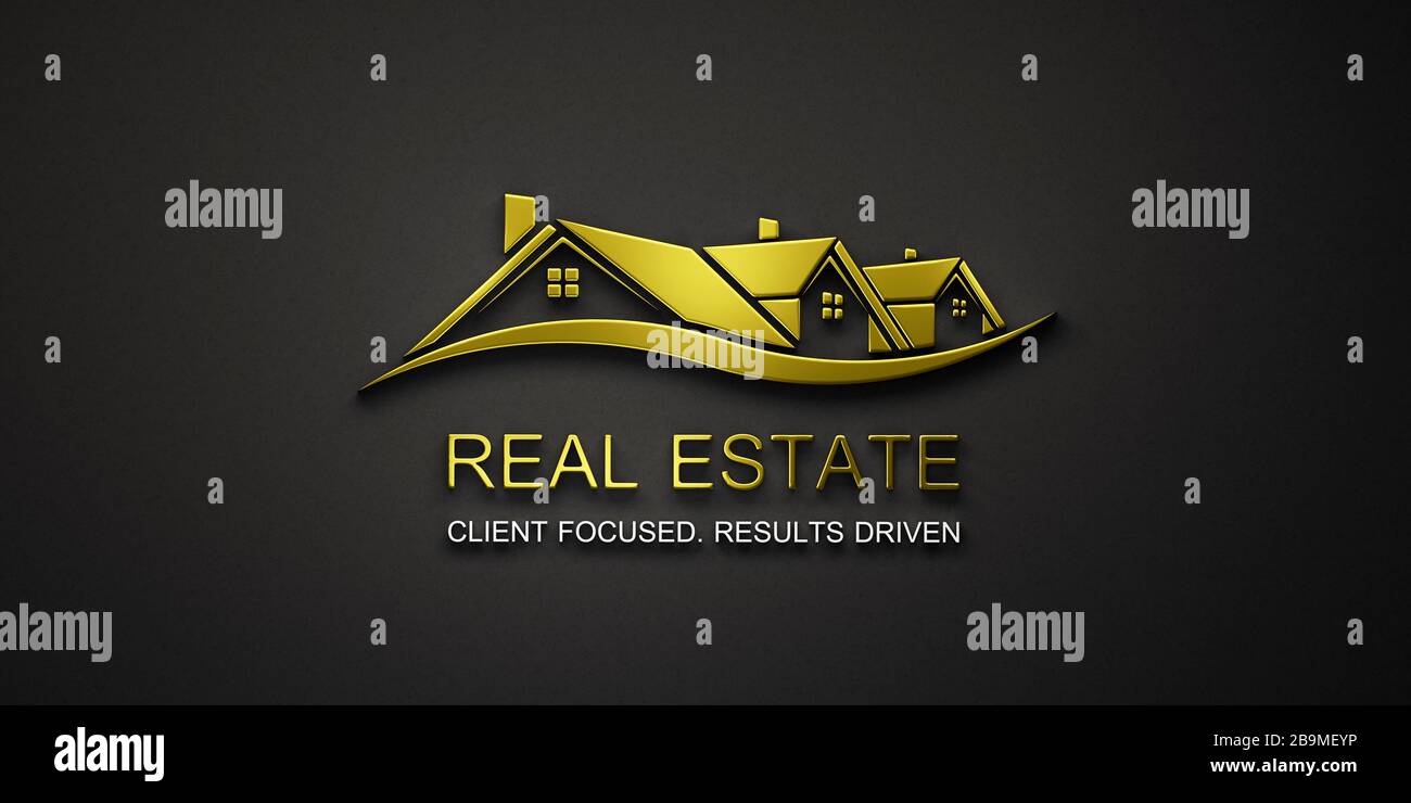 Real Estate Houses Logo in gold color and black background. 3D Render ...