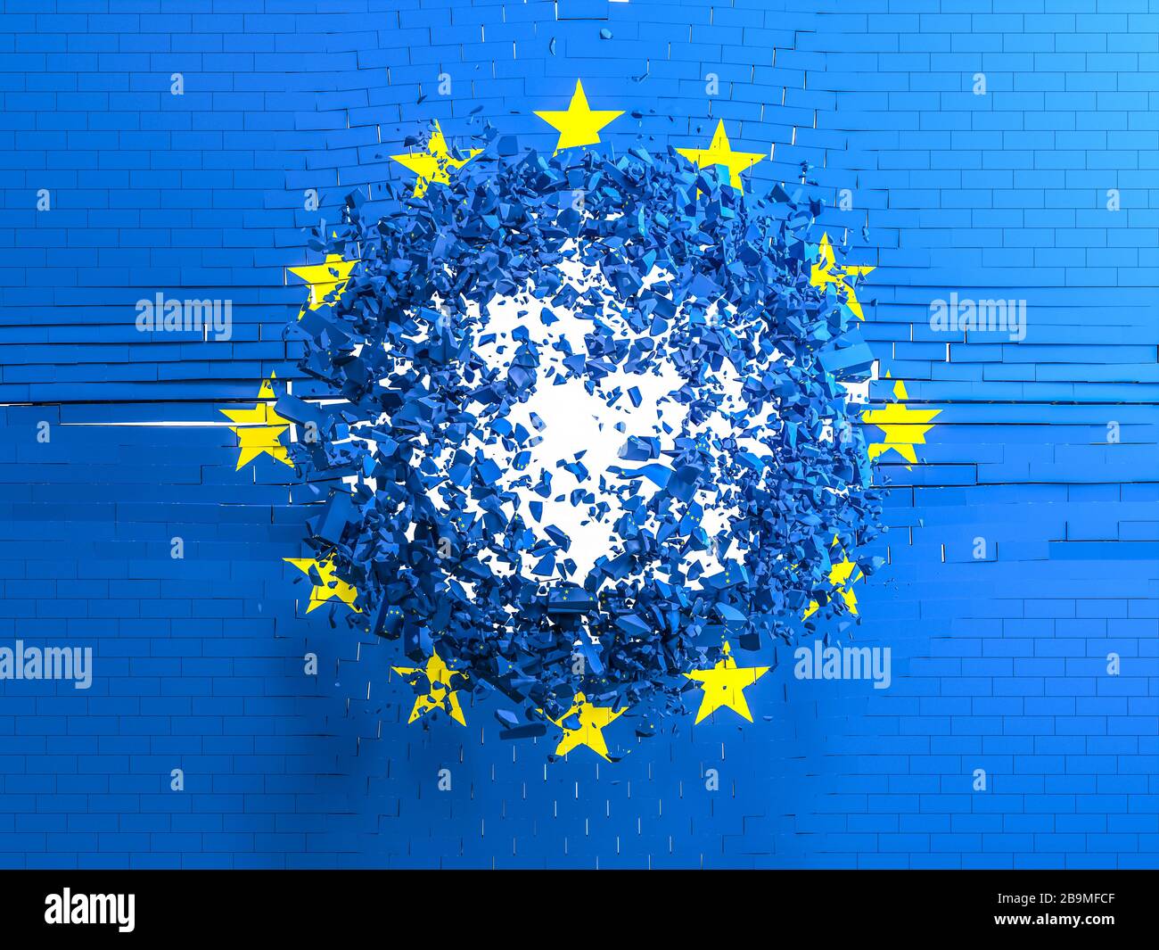 brick wall with the European flag that is destroyed and forms a hole and an explosion of fragments. concept of bankruptcy of the european union. 3d re Stock Photo