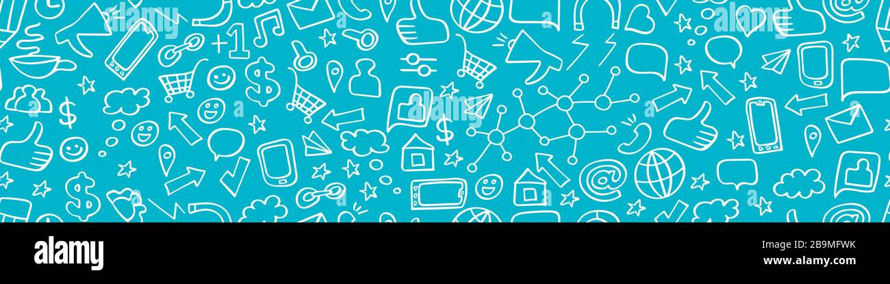 Seamless horizontal border with hand drawn social media elements on ...