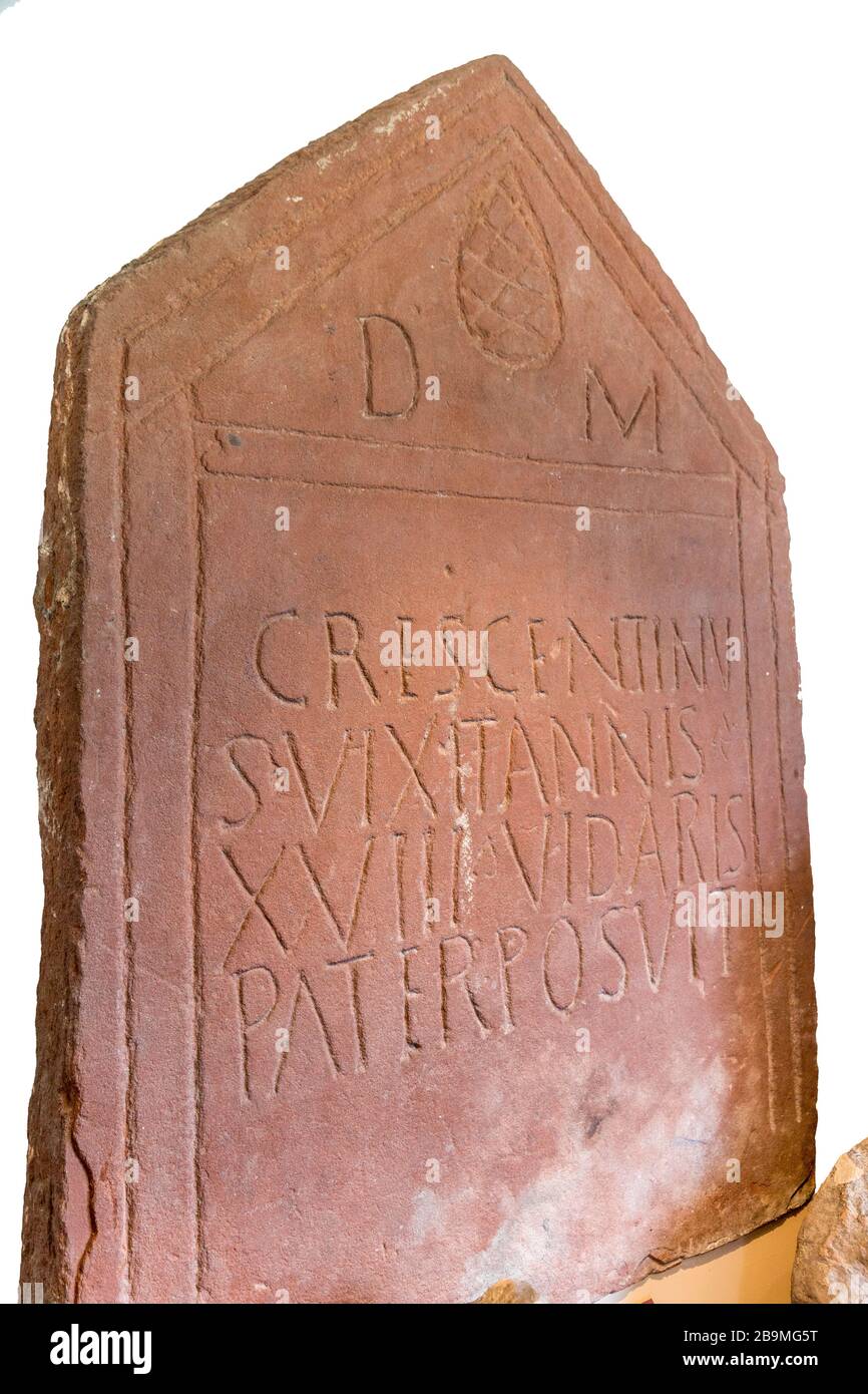 tombstone; roman; brougham; castle; countess pillar; roman tombstone; crescentinus; inscribed; inscription; England; English; UK; United Kingdom; GB; Stock Photo