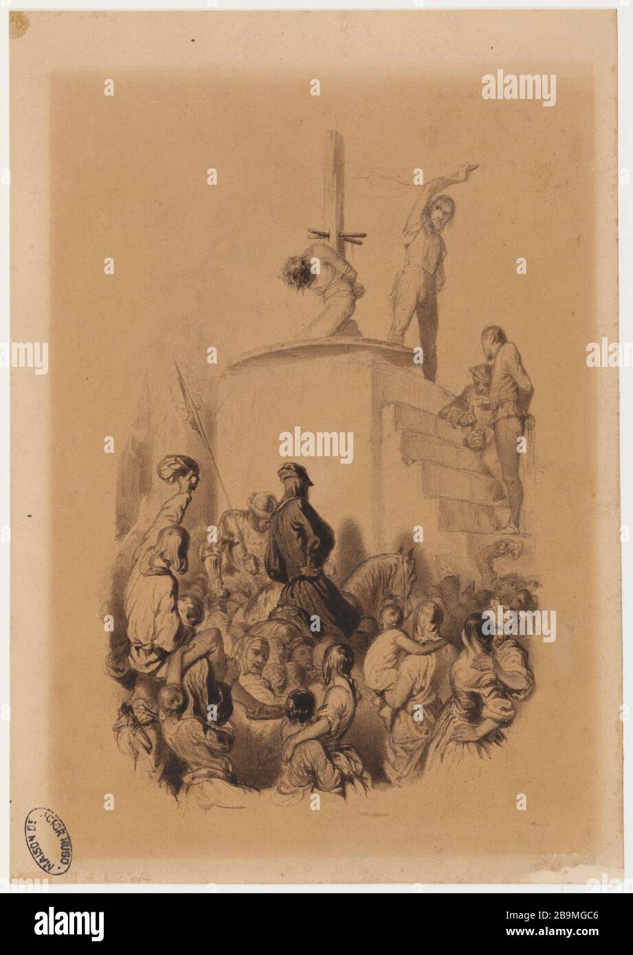 Quasimodo AU Pilorum Tony Johannot. 'Quasimodo au pilori'. Plume et encre brune sur papier, 1836?. Paris, Maison de Victor Hugo. Stock Photo