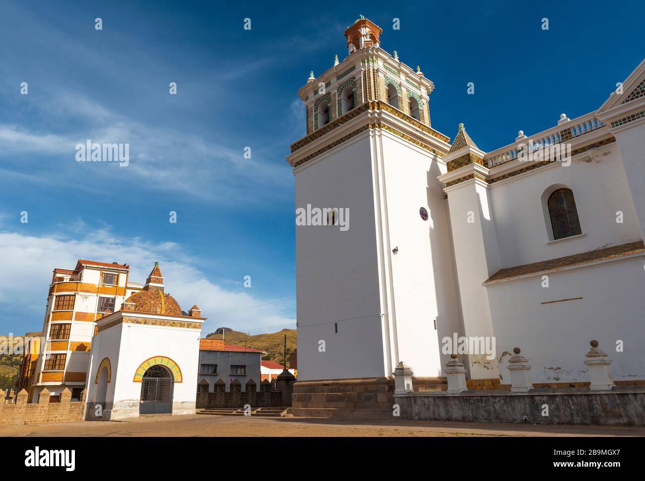 Facade of the Basilica of Our Lady of Copacabana with its famous Virgin Mary, Bolivia. Stock Photo