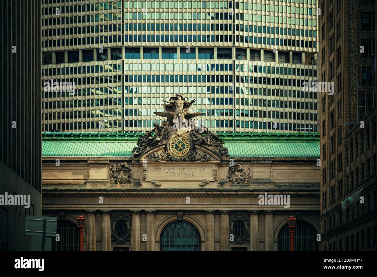 Closeup view of Grand Central Terminal Station statue in New