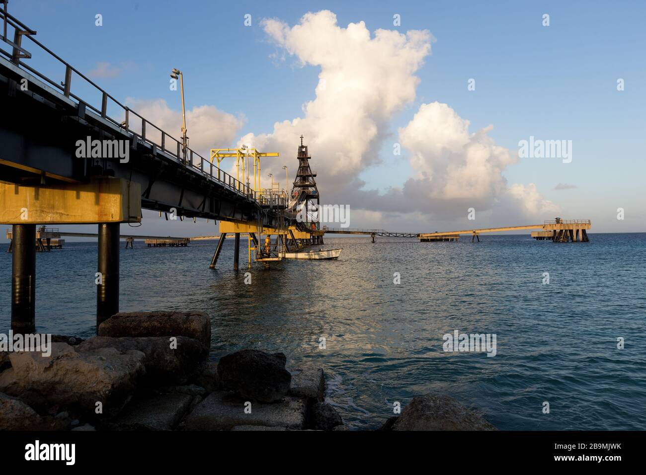 Salt pier conveyor to transport salt to ship loading Bonaire, Caribbean Stock Photo