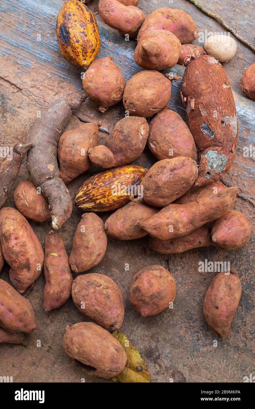 Red potatoes stack on wooden plates outdoors,Dominican republic Stock Photo