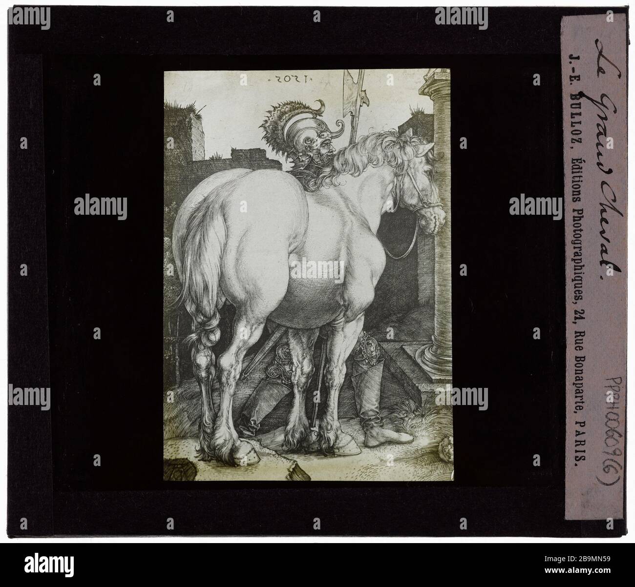 Callot. Last. The big horse Jacques Callot (1592-1635), d'après Albrecht Dürer (1471-1528). 'Le grand cheval'. Plaque de projection noir et blanc. 1900-1930. Photographie de Jacques-Ernest Bulloz (1858-1942). Musée des Beaux-Arts de la Ville de Paris, Petit Palais. Stock Photo