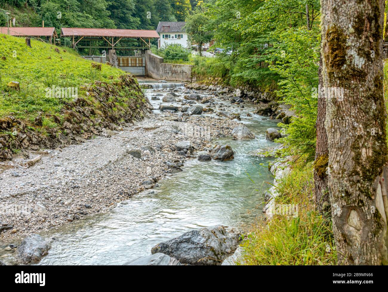 River weir at River Partnach near the Partnachklamm in Garmisch Partenkirchen, Bavaria, Germany Stock Photo