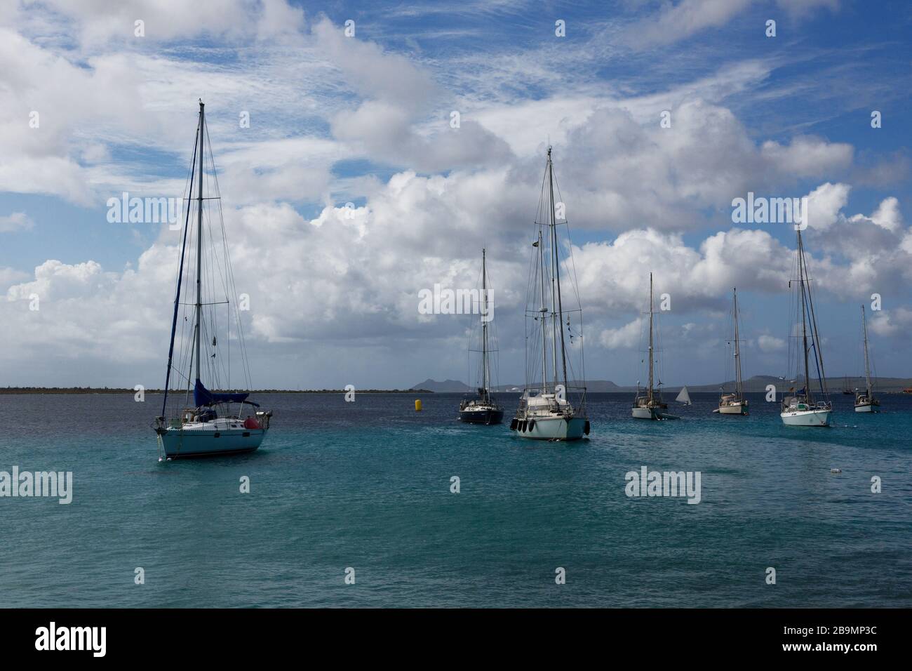 Sailboats in the harbor of Kralendijk, Bonaire, Caribbean Stock Photo