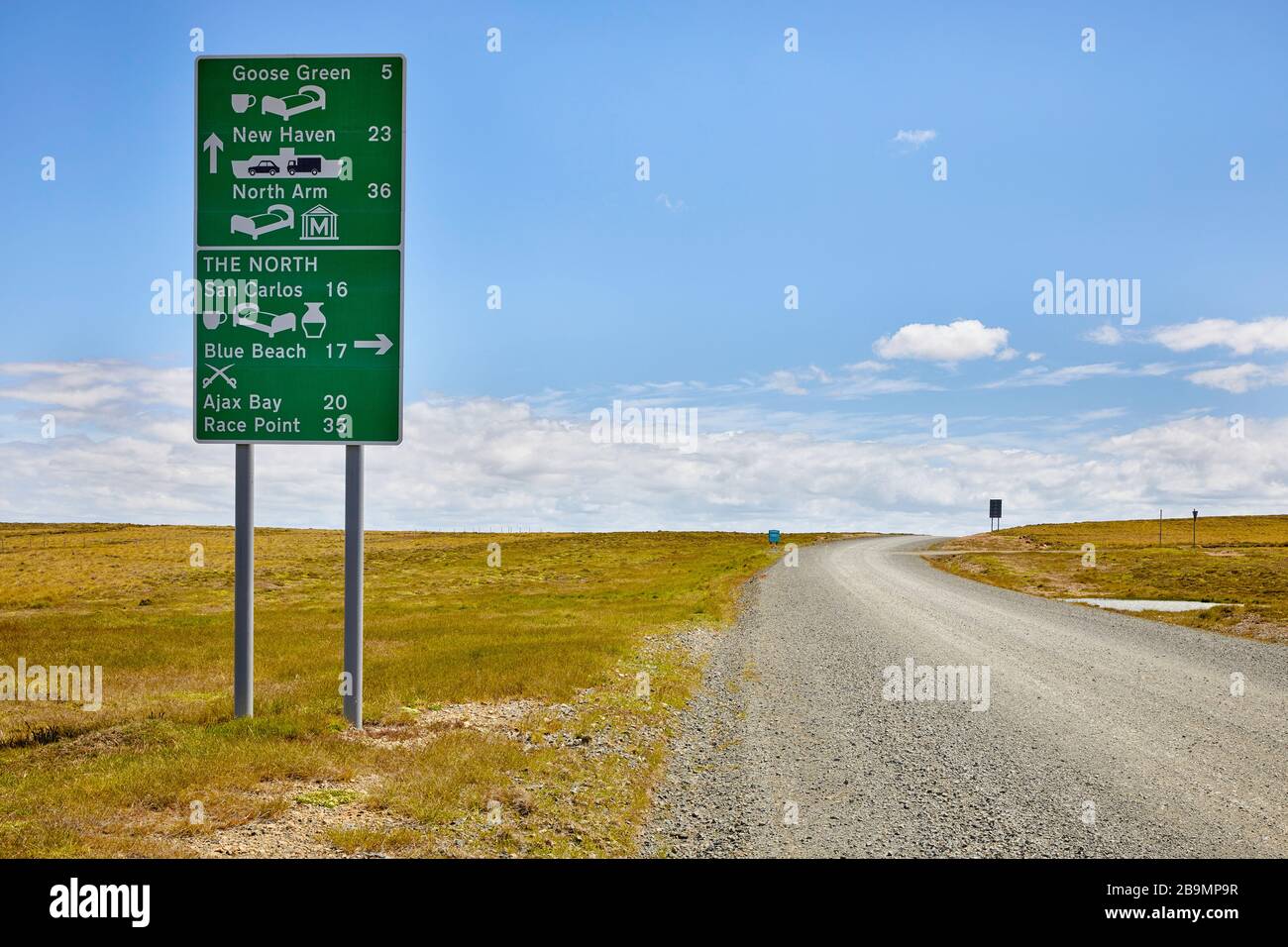 Goose Green, New Haven, North Arm, San Carlos, Blue Beach, Ajax Bay, Race Point, Darwin, Road Sign, Falkland Islands, East Falkland, Falklands Stock Photo