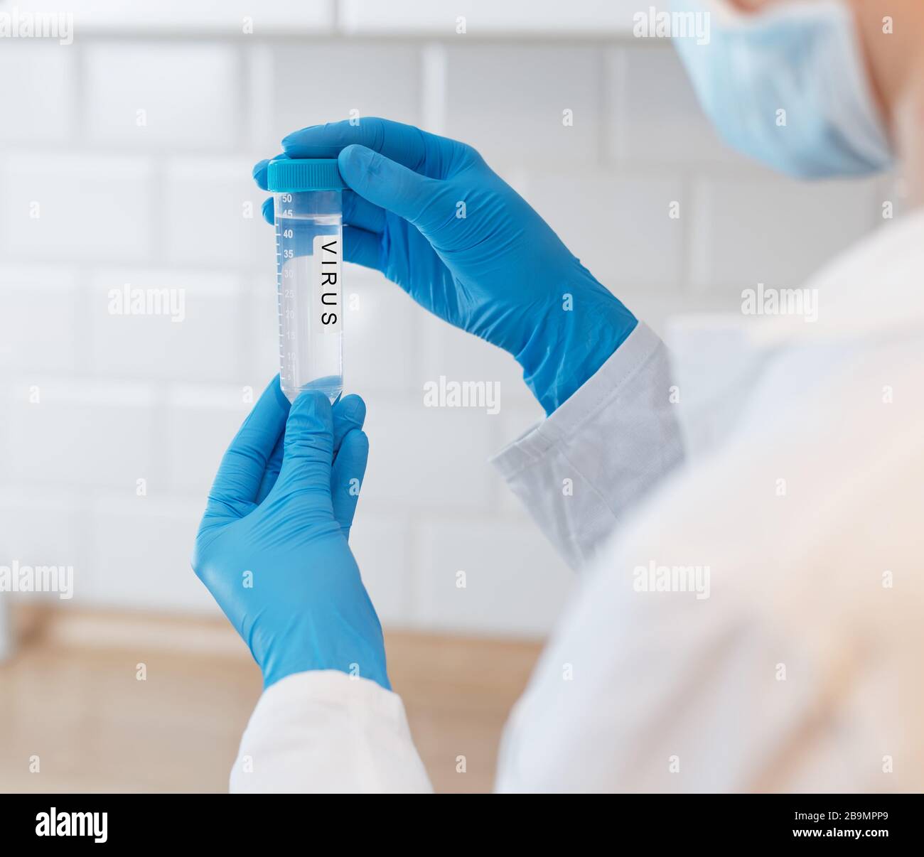 Female Scientist Medical Research Lab researching test tubes virus ...