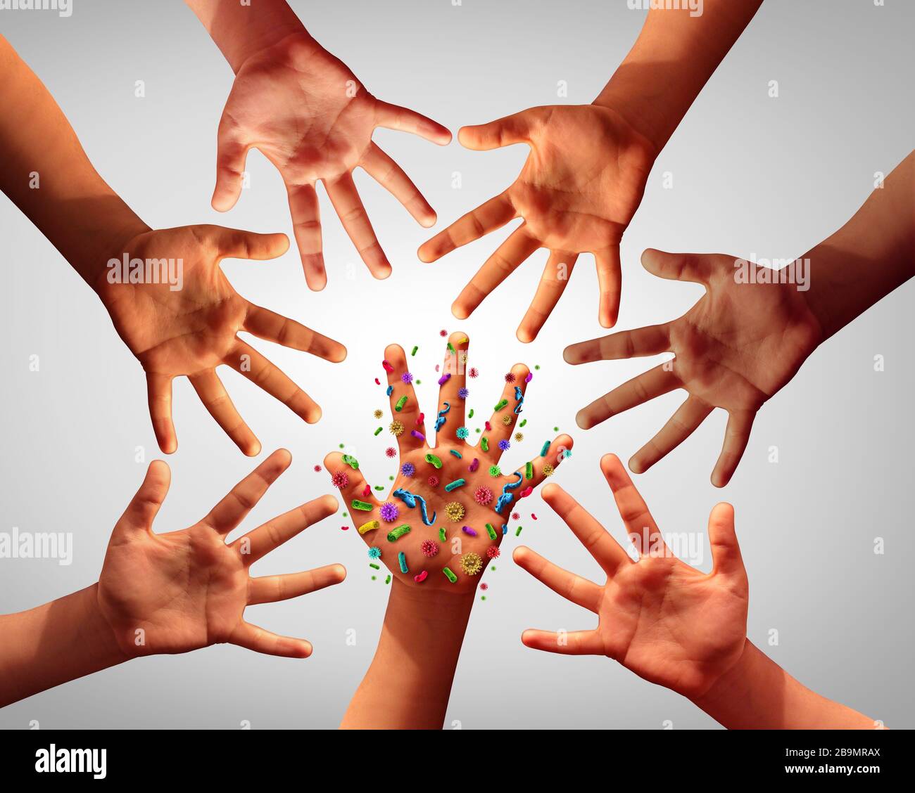 Community disease spread and Infectious diseases spreading in society as a hygiene health concept as hands with contagious germ virus and bacteria. Stock Photo