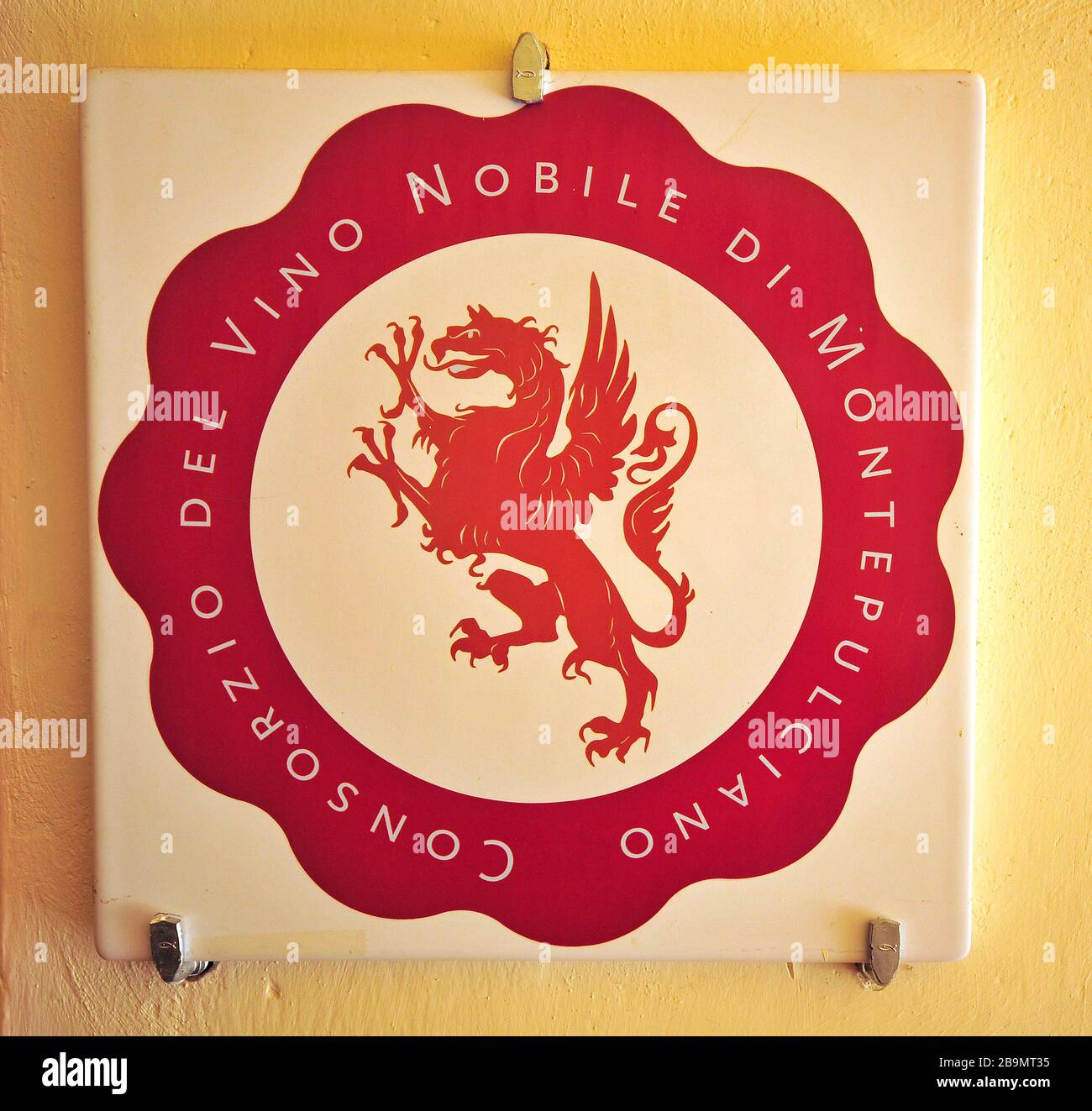 Sign of Vino Nobile of Montepulciano Consortium (with hippogriff emblem), Montepulciano, Tuscany, Italy Stock Photo