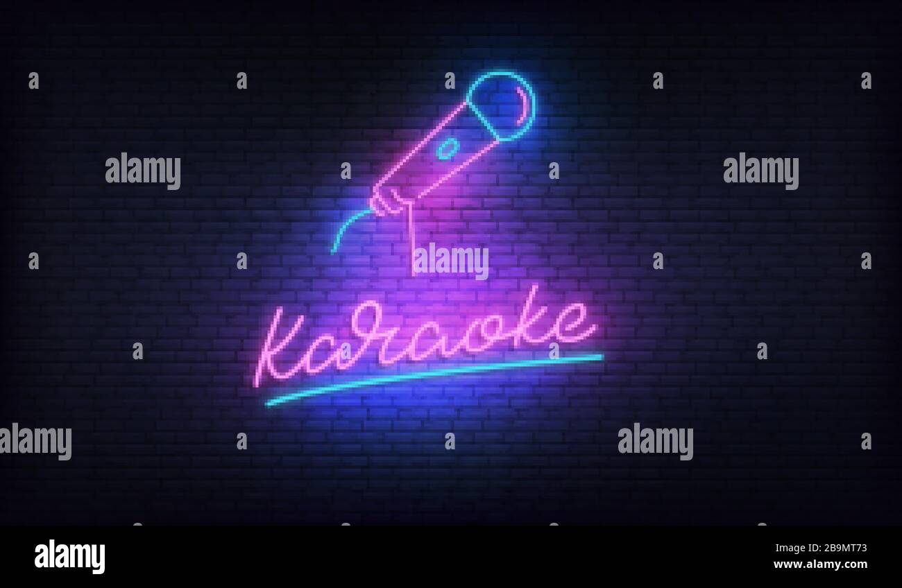 Karaoke neon billboard. Neon sign with microphone and Karaoke lettering