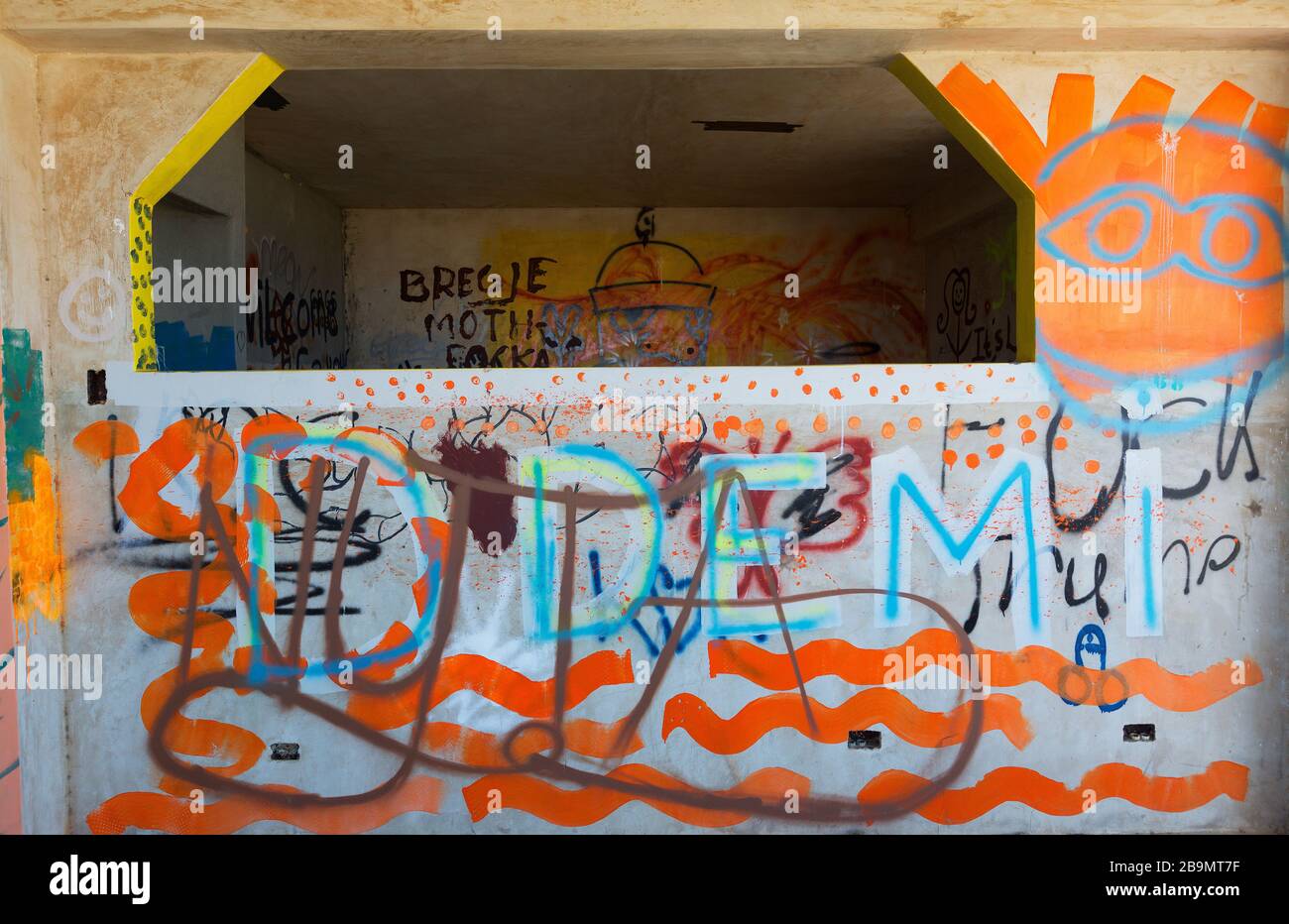 Colorful graffiti on walls of abandoned hotel Esmeralda in Bonaire, Caribbean Stock Photo