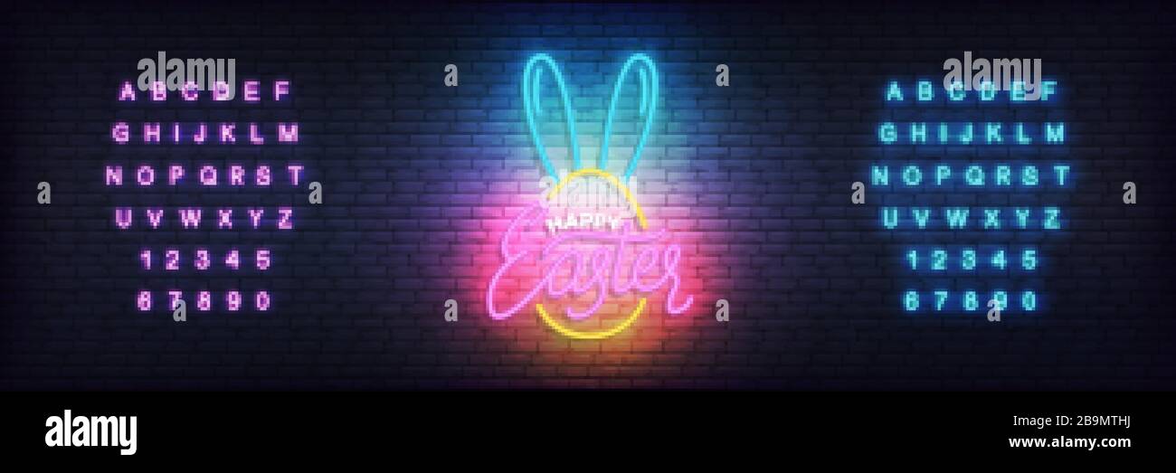 Easter neon template. Glowing label for Easter and alphabet Stock Vector