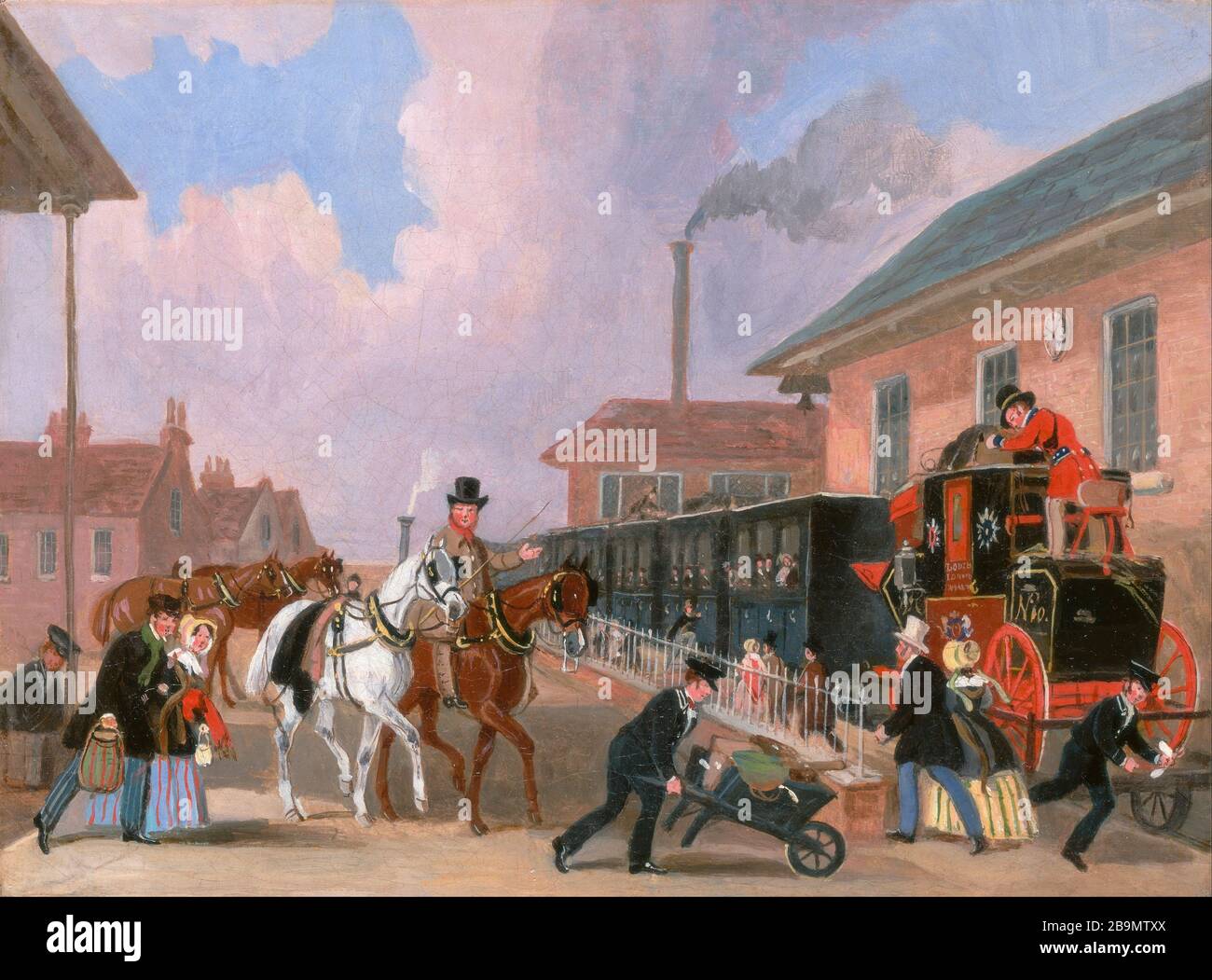 LOUTH TO LONDON TRAIN 1845 by James Pollard showing the Royal Mail coach on a specially designed carriage.during a stop at Peterborough East station. Stock Photo
