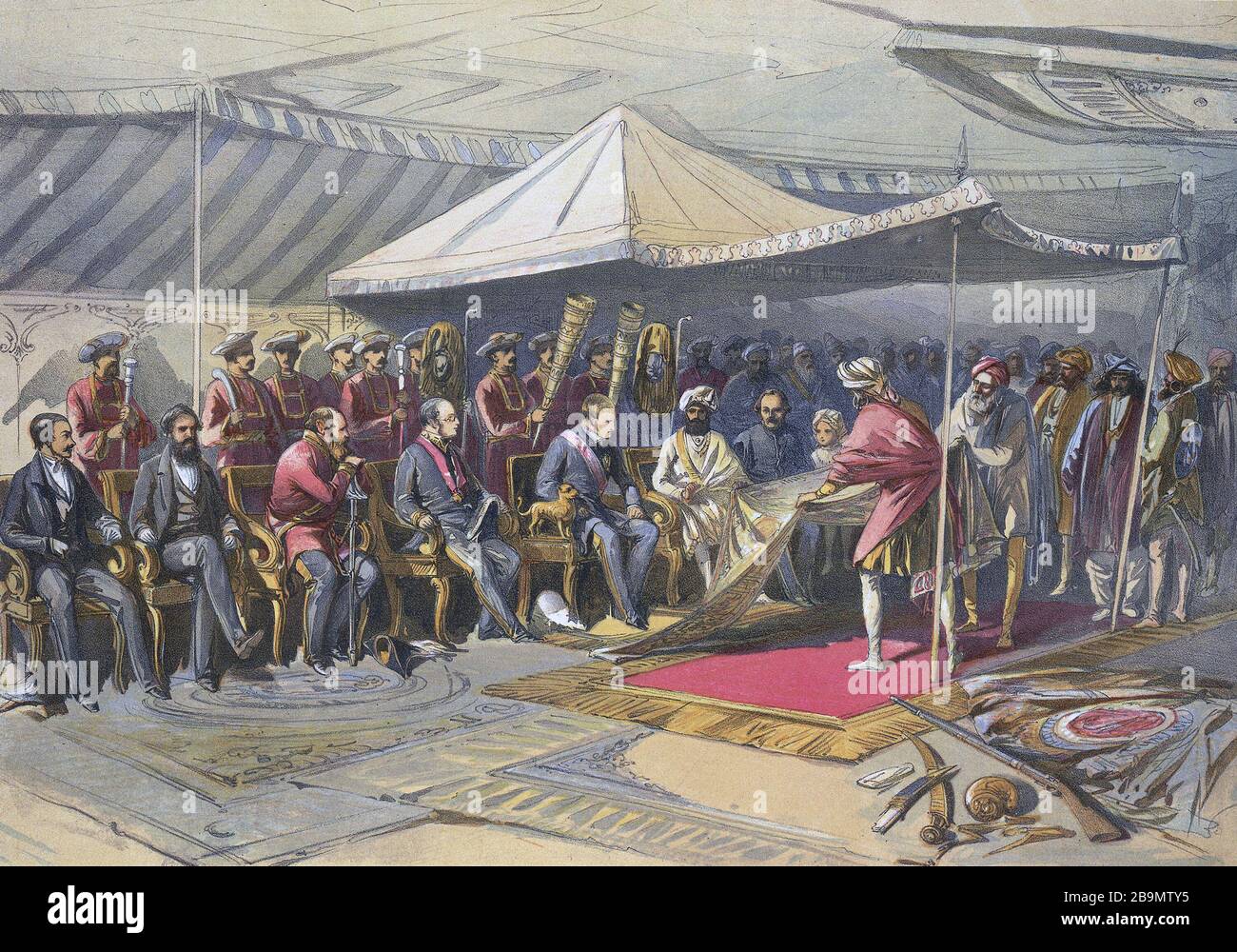 CHARLES CANNING (1812-1862) Governor-General of India meeting Maharaja Ranbir Singh of Jammu and Kashmire in 1860 following the Sepoy Mutiny of 1857 in which he sided with the British. Stock Photo