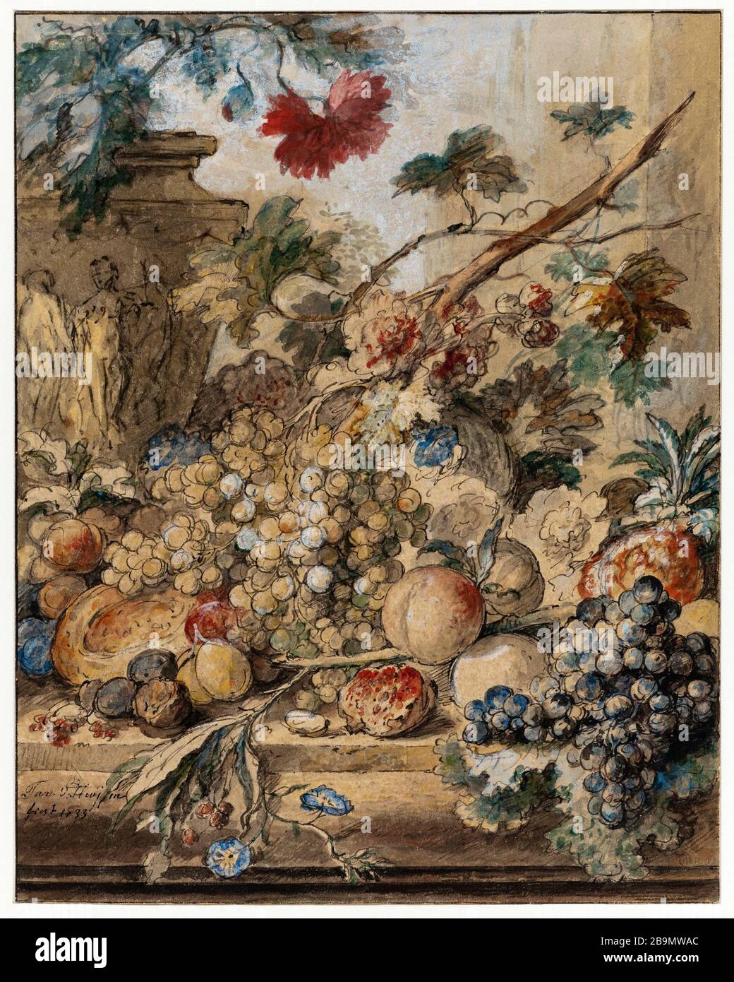 ETALAGE VASE WITH FRUIT LEFT Jan van Huysum (1682-1749). "Etalage de fruits avec vase à gauche". Plume et aquarelle sur papier. Musée des Beaux-Arts de la Ville de Paris, Petit Palais. Stock Photo