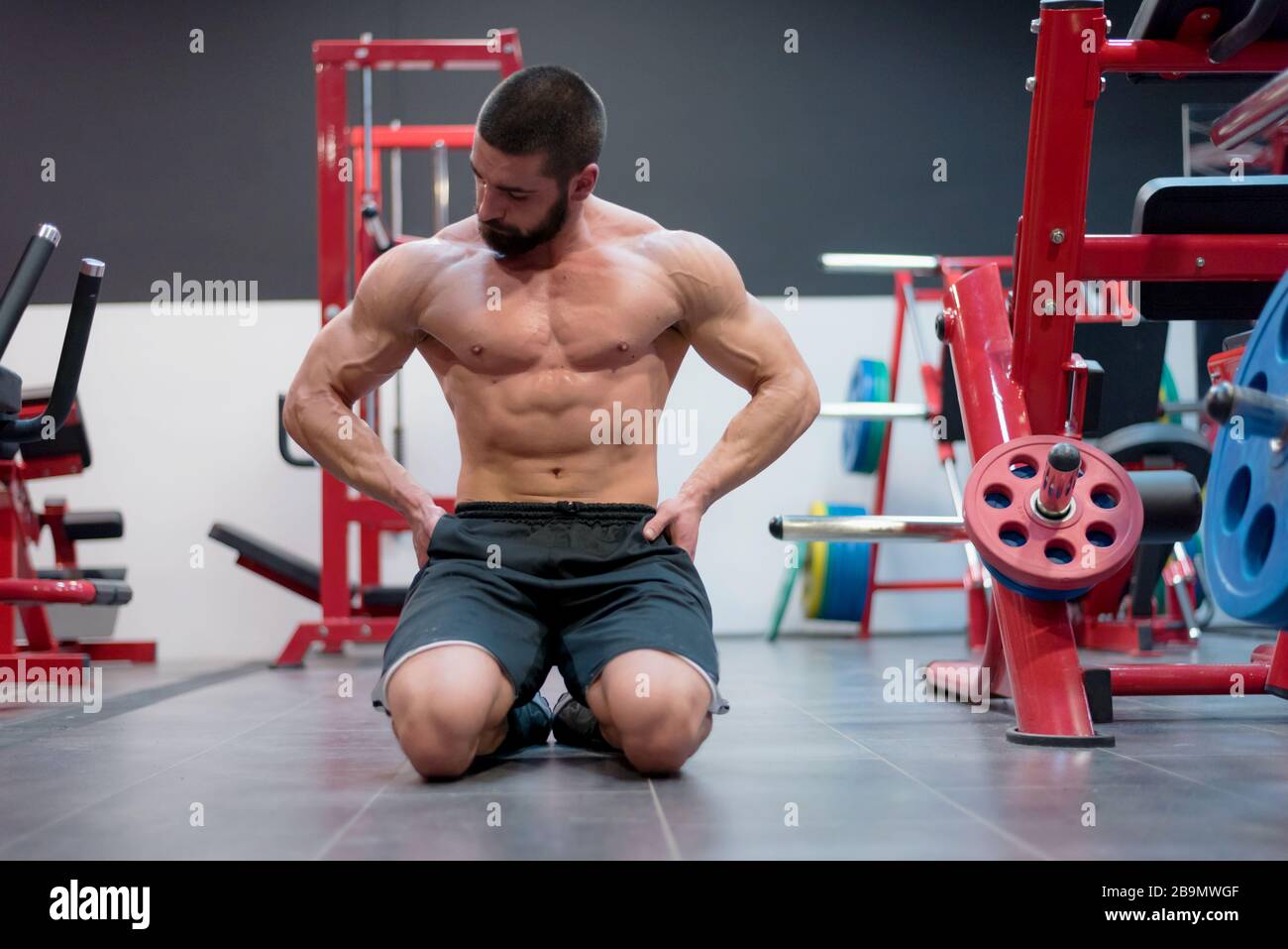 Fitness model Man posing in the gym. Handsome man with big muscles