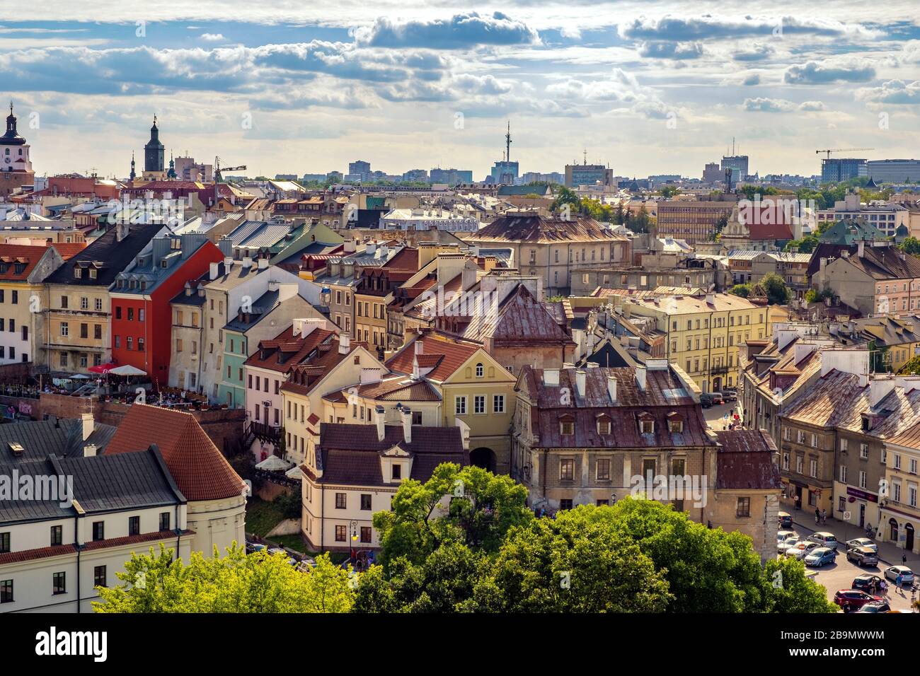 Lublin, Lubelskie / Poland - 2019/08/18: Panoramic view of city center with St. Stanislav Basilica and Trinitarian Tower in historic old town quarter Stock Photo