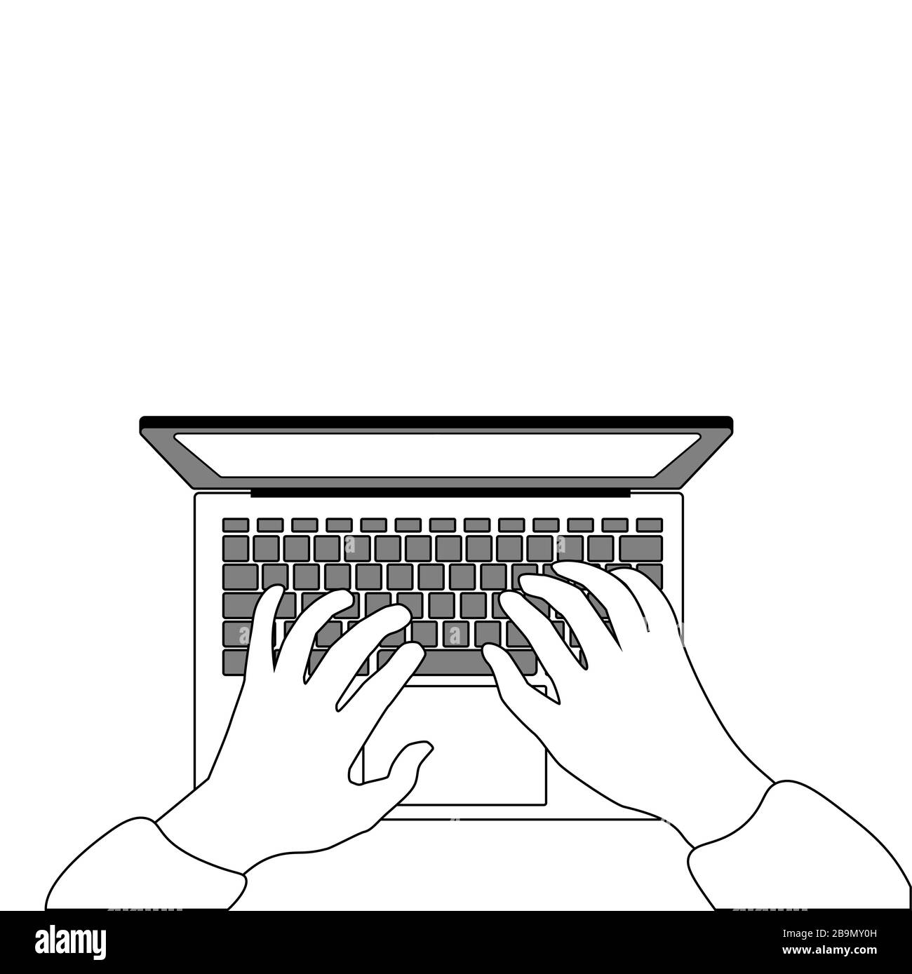 Working from home or remotely: hands typing on laptop. Digital drawing can be used in greeting cards, posters, flyers, banners, logos, web design, etc. Vector illustration. EPS10 Stock Vector