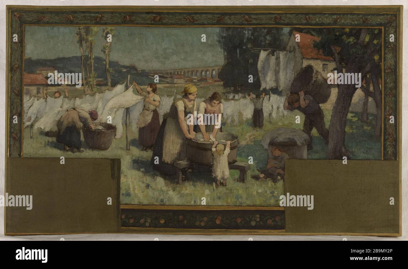 Sketch for mayor of Arcueil-Cachan: The Washerwomen. Paul-Albert Baudouin (1844-1931). Esquisse pour la mairie d'Arcueil-Cachan: Les Blanchisseuses. Huile sur toile, 1888. Musée des Beaux-Arts de la Ville de Paris, Petit Palais. Stock Photo