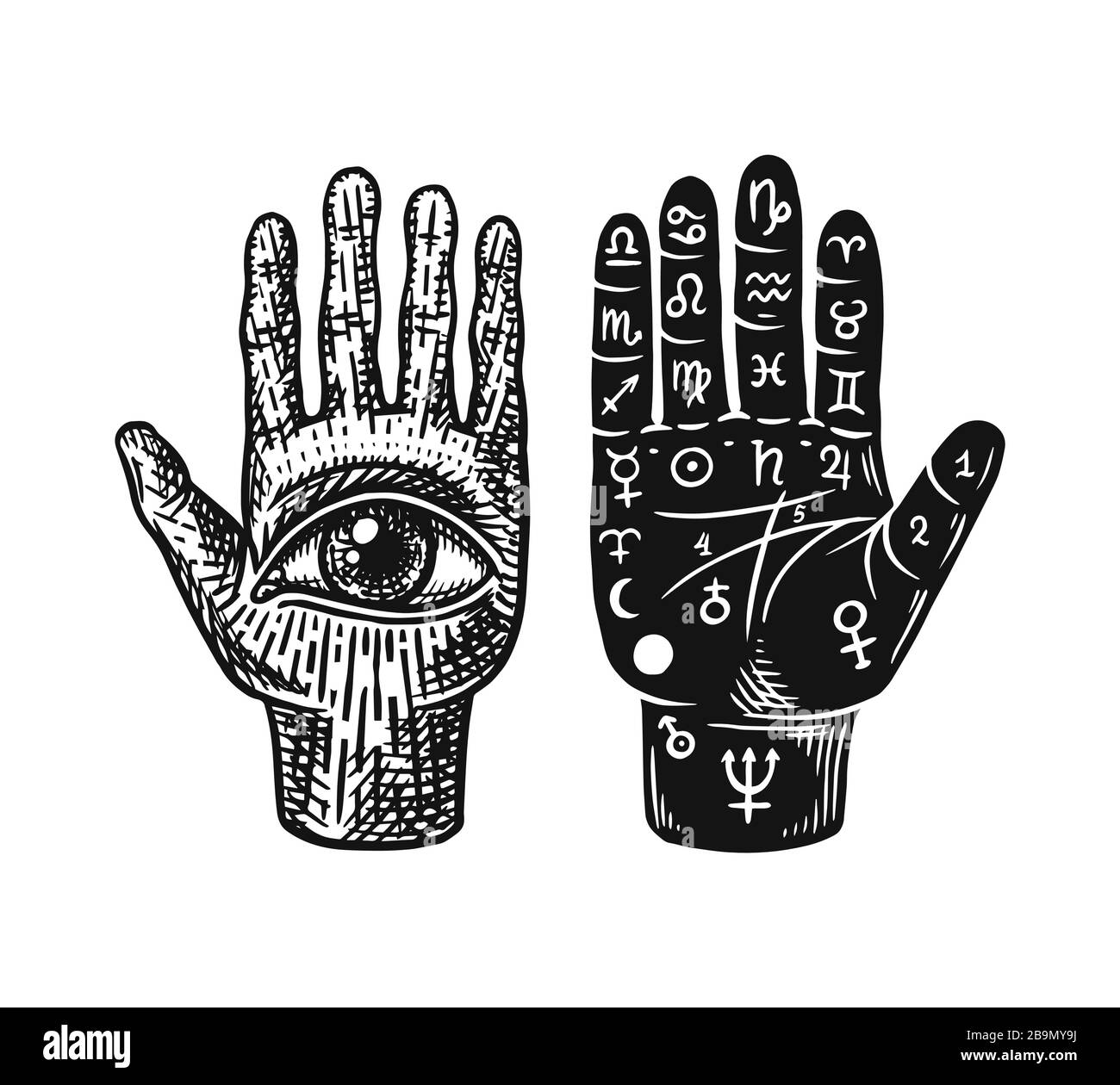 Witch tattooed hands with magic star alchemy Vector Image