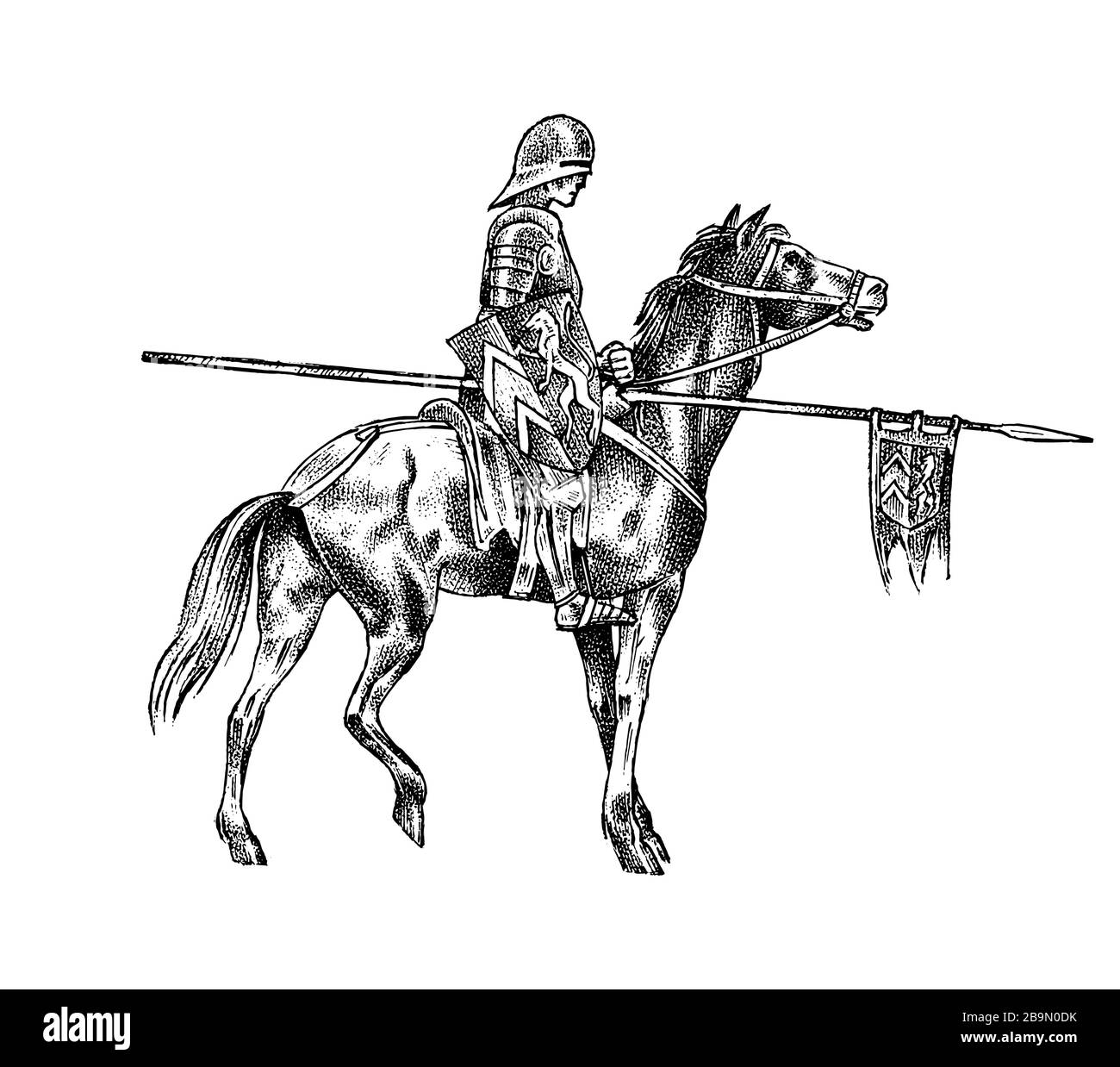 Medieval armed knight riding a horse. Historical ancient military character. Prince with a spear and a flag. Ancient fighter. Vintage vector sketch Stock Vector