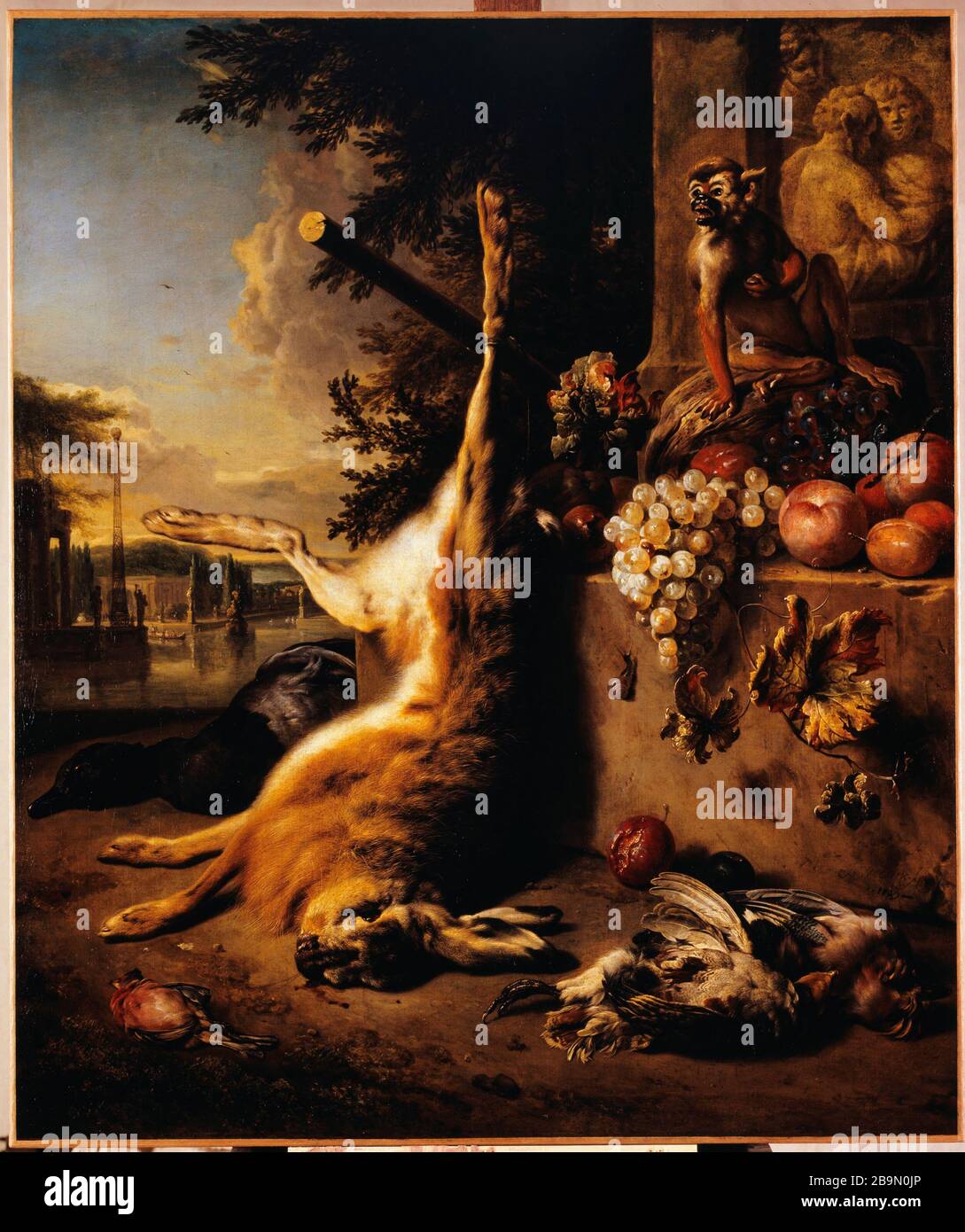 Game death, monkey and fruit before a landscape Jan Weenix (1621-1661). 'Gibier mort, singe et fruits devant un paysage'. Huille sur toile. 1709. Musée des Beaux-Arts de la Ville de Paris, Petit Palais. Stock Photo