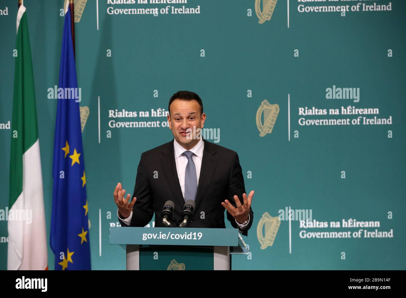 Dublin, Ireland. 24th Mar, 2020. Taoiseach and Fine Gael leader Leo Varadkar speaking to the media at Government Buildings as he was joined by Government colleagues to brief media on the latest Government actions in response to Covid-19. They are advising people not to leave their homes except of work, food, or medical reasons. They are also banning anymore than four people meeting. All indoor sporting events will be banned, leaving no sporting activity taking place in the country. Photo: Sam Boal/RollingNews.ie Credit: RollingNews.ie/Alamy Live News Stock Photo
