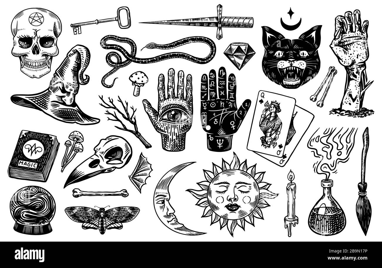 Mystical magic boho elements. Witchcraft voodoo astrological set. Esoteric alchemy occult sketch for tattoo. Palmistry and skull, the hand of a dead Stock Vector