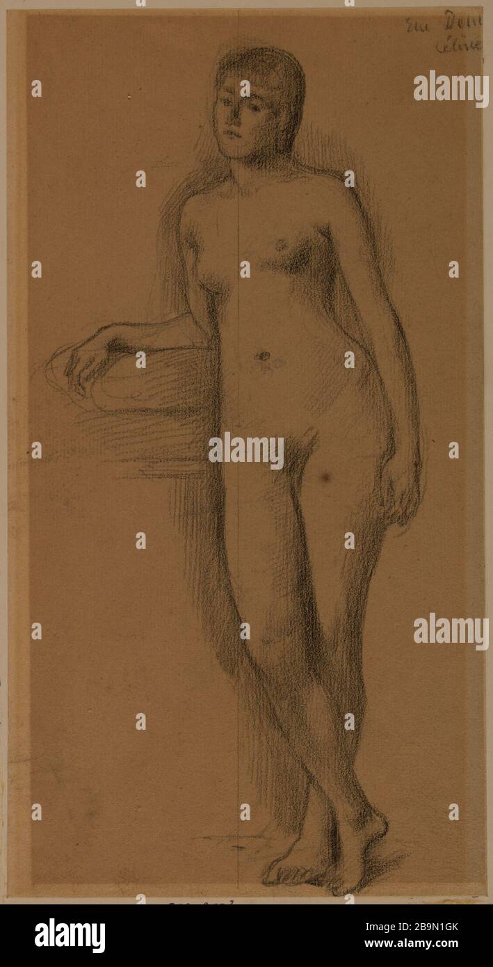 Naked woman standing face, elbow and forearm supported right (MCB 118)  Pierre Puvis de Chavannes (1824-1898). 