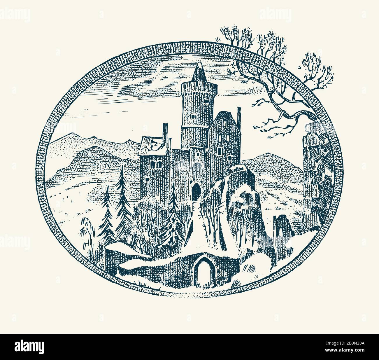 Medieval Castle. Historical antique chateau. Ancient mansion Scenery. Vintage vector landscape sketch. Engraved hand drawn illustration. Stock Vector