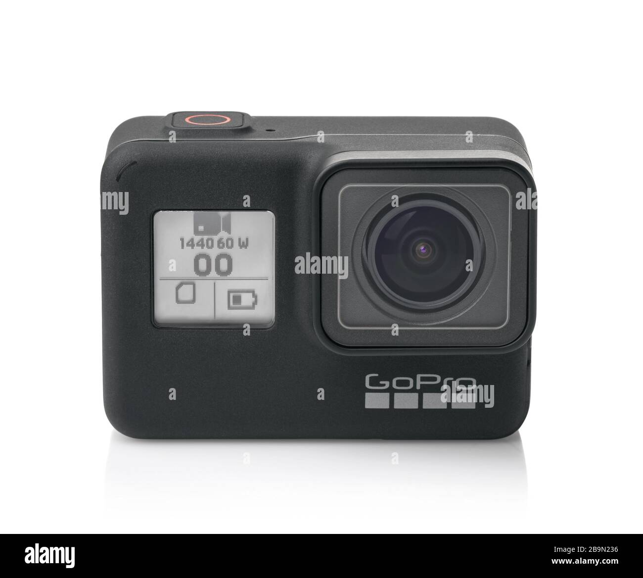 Samara, Russia - March 2020:  Front view of new GoPro Hero 7 Black Edition action camera Stock Photo