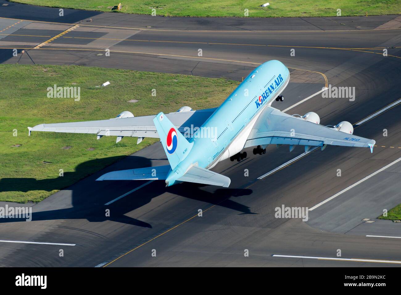 Korean Air Airbus A380 aircraft taking off from Sydney Airport in Australia. A380-800 airplane registered as HL7613. Aerial view of airplane departure Stock Photo